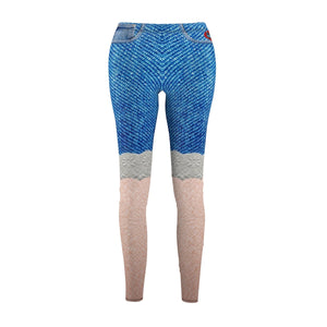 Women's Cut & Sew Casual Leggings - Faux Jean Shorts